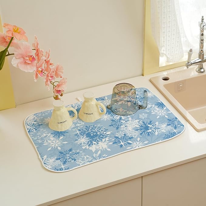 Christmas Dish Drying Mats 18x24 Inch White Blue Snowflake Drying Mats Xmas Winter Holiday Kitchen Decor Absorbent Drying Dish Pad Rack Drainer Mats for Kitchen Dining Room Counter