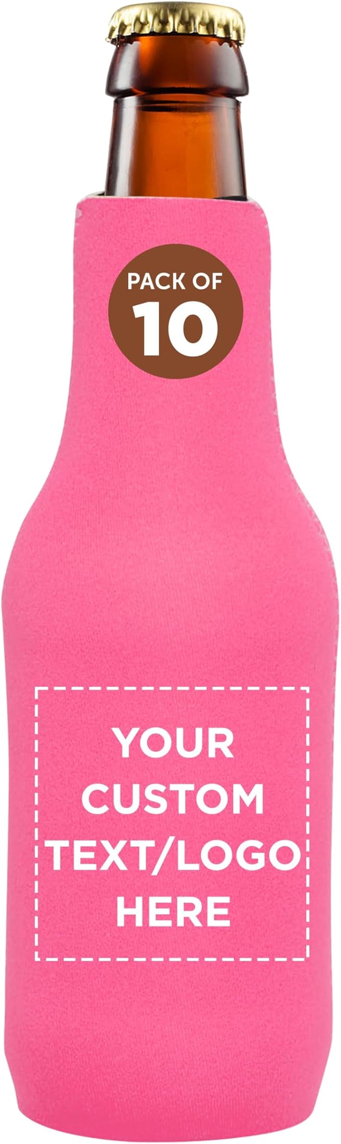 10 Neoprene Zippered Beer Bottle Coolies Pack - Customizable Text, Logo - Sharkskin Rubber Bottom - Neon Pink