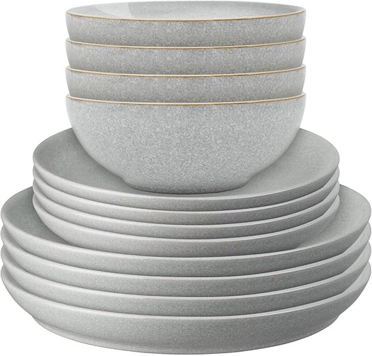 Denby - Elements Light Gray Dinner Set For 4-12 Piece Coupe Simple Ceramic Stoneware Tableware Set - Dishwasher Microwave Oven Safe - Scratch Chip Resistant