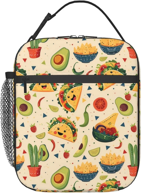 Reusable Taco and Avocado Lunch Box for Kids Girls Boys Women Adult, Insulated Mexican Food Lunch Bag,Polyester Cooler Handbags Case for School Picnic Work Travel Beach or Hiking