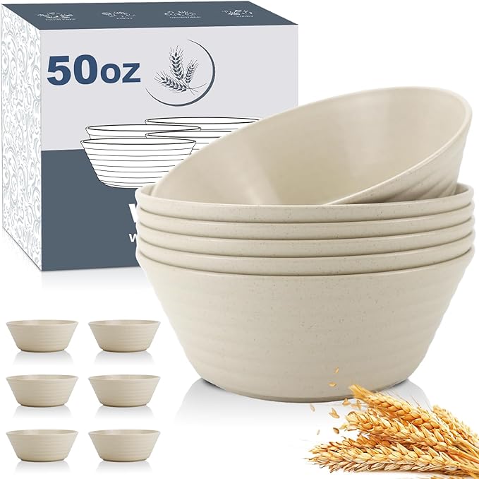 Wrova Wheat Straw Bowl Sets,6 PCS Unbreakable Cereal Bowl 50 OZ,Microwave and Dishwasher Safe Bowls,Super Big Bowl Sets BPA Free for Serving Cereal,Oatmeal and Salad (Beige)