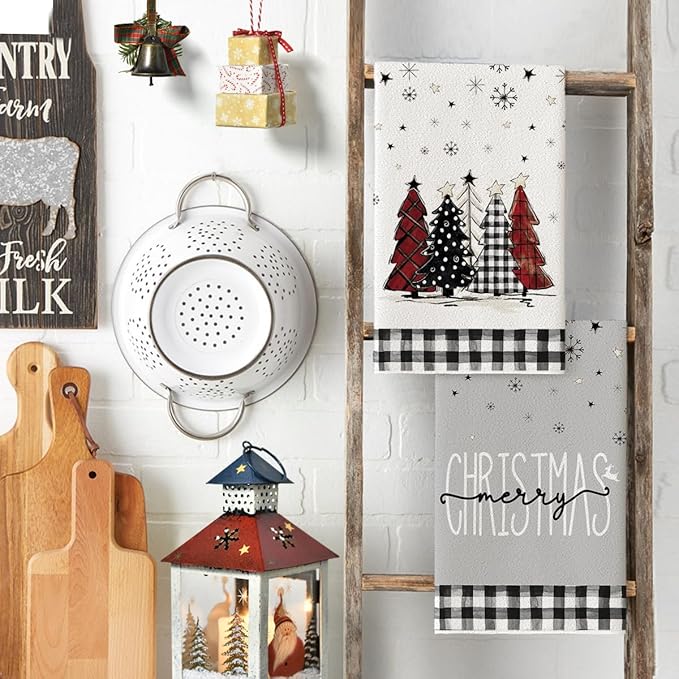 Artoid Mode Buffalo Plaid Merry Christmas Kitchen Towels Dish Towels, 18x26 Inch Winter Xmas Trees Star Decoration Hand Towels Set of 2