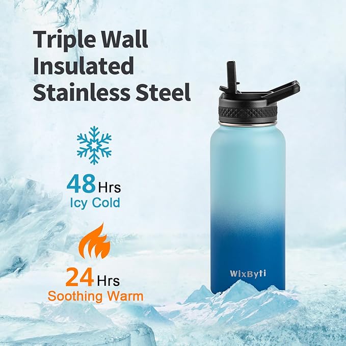 32 oz Insulated Water Bottle with Straw (Cold for 48 Hrs), Stainless Steel Triple Wall Vacuum Sports Water Jug, Leakproof Hydro Cup Flask with Paracord Handle & Straw Spout Lids & DIY Stickers