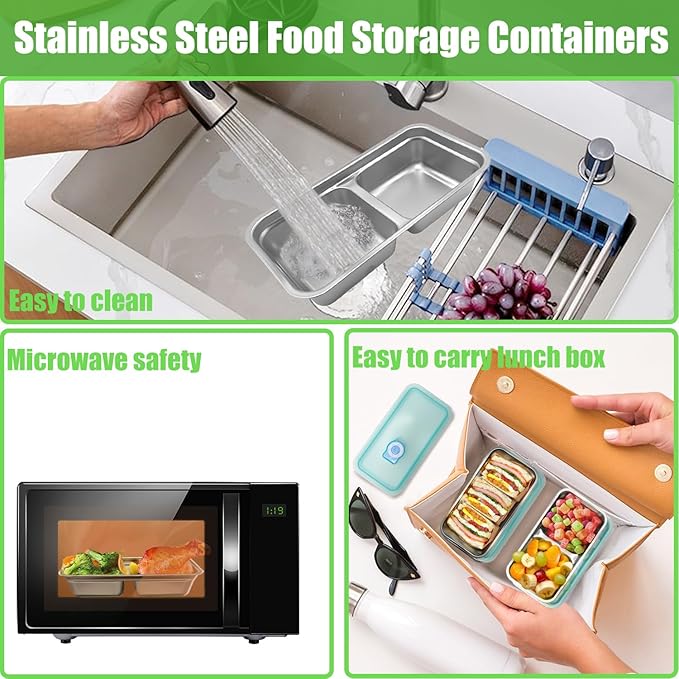 Stainless Steel Snack Containers with Lids - condiment containers with lids, reusable double compartment snack containers, Grab and Go Snack Containers Dishwasher Safe for School, Work, travel