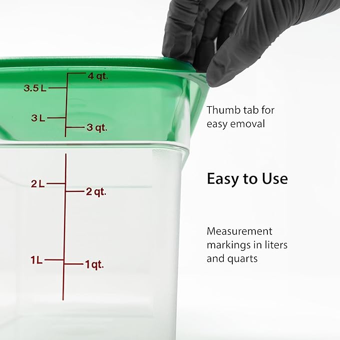 Cambro Food Storage Container with Lid (2 Pack) - Classic Series Square with Green Lid - 4 QT (Quart) - Commercial Grade for Food Prep (Clear)