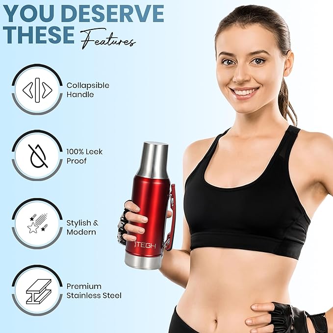 TEGH 40 oz insulated water bottle | vacuum insulated wide mouth water bottle | leakproof travel bottle | BPA-free stainless steel sports water bottle | hot and cold beverage bottle