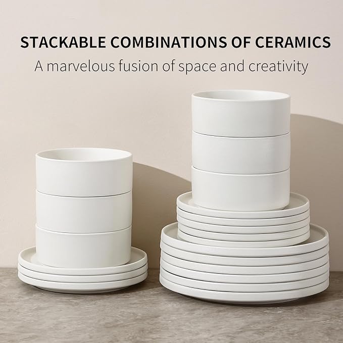 GZG Classic Series - Plates and Bowls Set for 6, 18 Piece Stoneware Dinnerware Sets, Microwave and Dishwasher Safe Lead-Free Handcrafted Ceramic Dishes Set - Ivory White