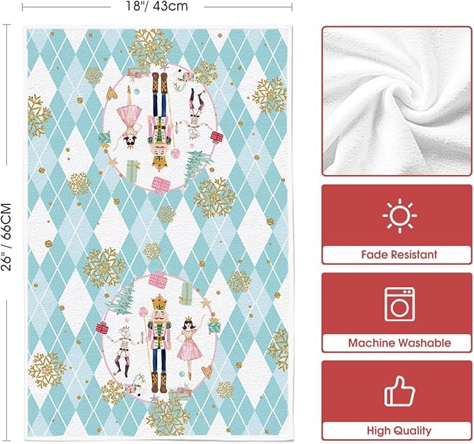 Artoid Mode Blue Nutcrackers Tree Christmas Kitchen Towels Dish Towels, 18x26 Inch Gift Box Snowflake Winter Decoration Hand Towels Set of 2