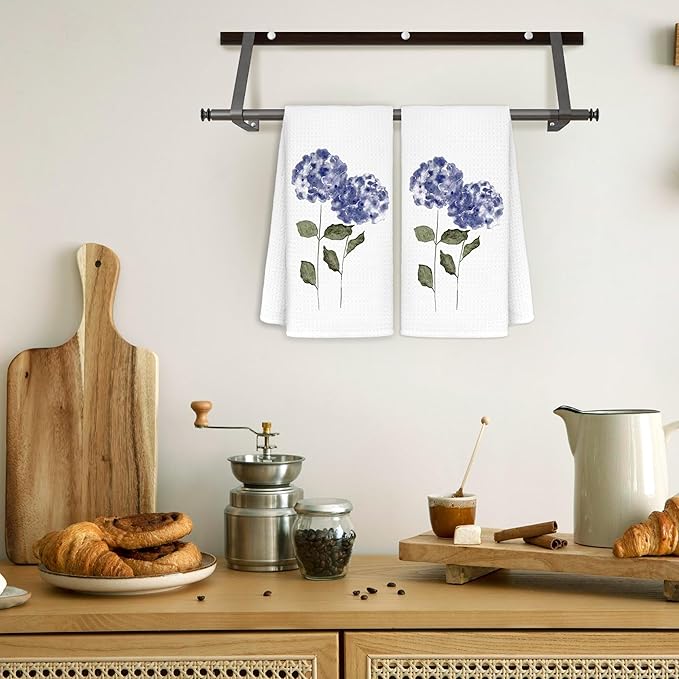 Purple Hydrangea Flowers Floral Kitchen Towels Set of 2 - Summer Flowers Decorative Hand Towels for Bathroom, Green Hydrangea Decor Dish Towels for Kitchen, Floral Hand Towels, 16x24