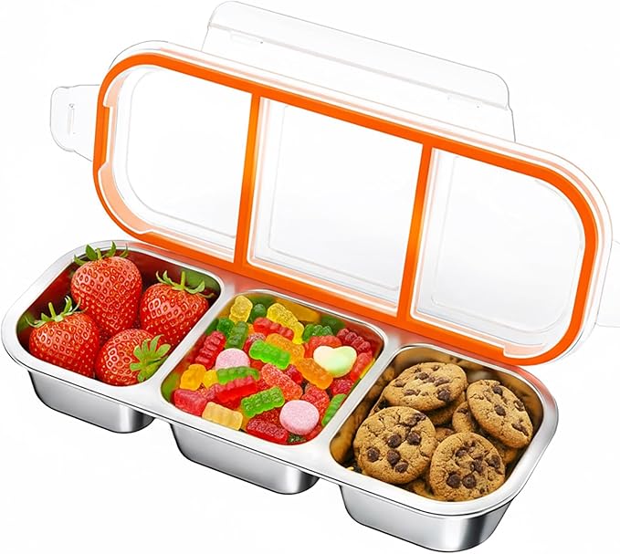 QCQHDU Snack Containers, Reusable Stainless Steel 3 Compartment Condiment Metal Bento Lunch Box with Lids, Divided Snack Food Storage Lunchable Containers for Home, Work, Travel, Camping, 1 Pack