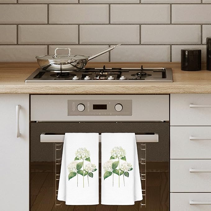 White Hydrangea Flowers Floral Kitchen Towels Set of 2 - Flowers Decorative Hand Towels for Bathroom, White Hydrangea Decor Dish Towels for Kitchen, Floral Hand Towels, 16x24