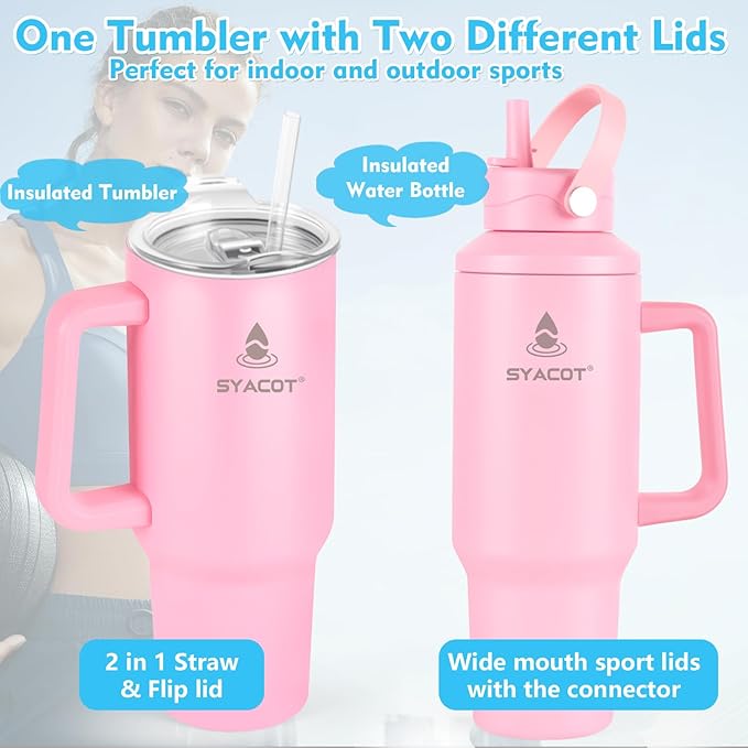 40 oz Tumbler with Handle and Straw or Convert to 40 oz Insulated Water Bottle Fits in Cup Holder. Stainless Steel Metal Water Flask with 2 Lids for Travel,Camping,Gym Sports Coffee Mug Thermal Cup