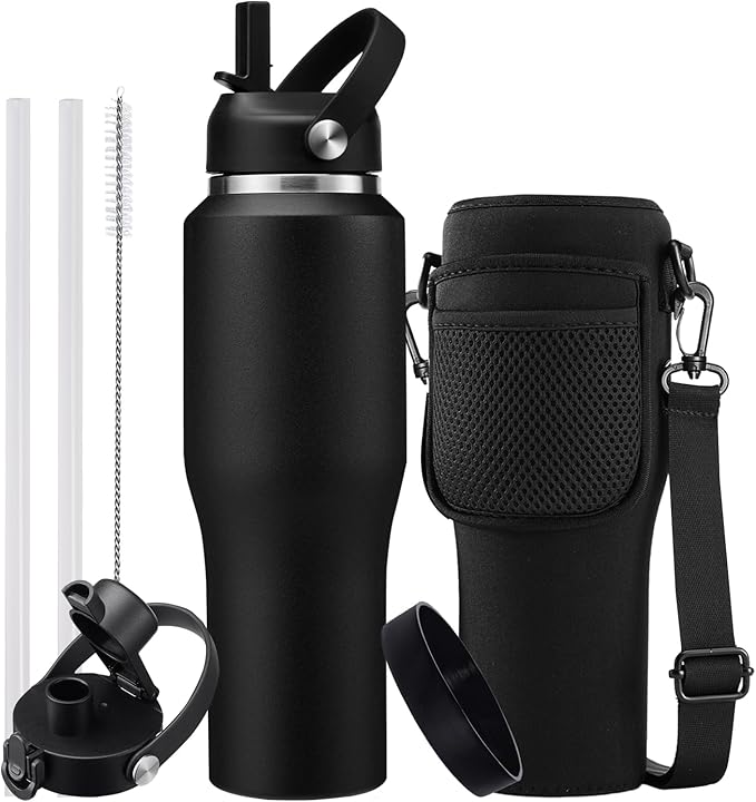 32oz Stainless Steel Water Bottle, Cold-48H & Hot-24H, Water Flask Thermal with Straw & Spout Lids, Pouch, Vacuum Insulated Bottle for Father's Day Gift Black