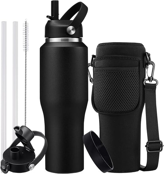 32oz Stainless Steel Water Bottle, Cold-48H & Hot-24H, Water Flask Thermal with Straw & Spout Lids, Pouch, Vacuum Insulated Bottle for Father's Day Gift Black