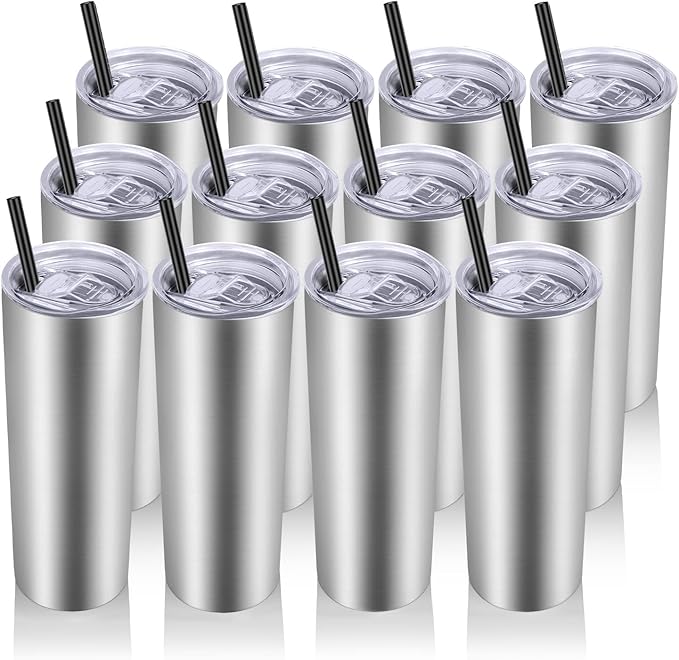 VEGOND Stainless Steel Tumblers Bulk 12 Pack, 20 oz Vacuum Insulated Skinny Tumblers with Lids and Straws, Double Wall Slim Tumbler, Travel Water Cup