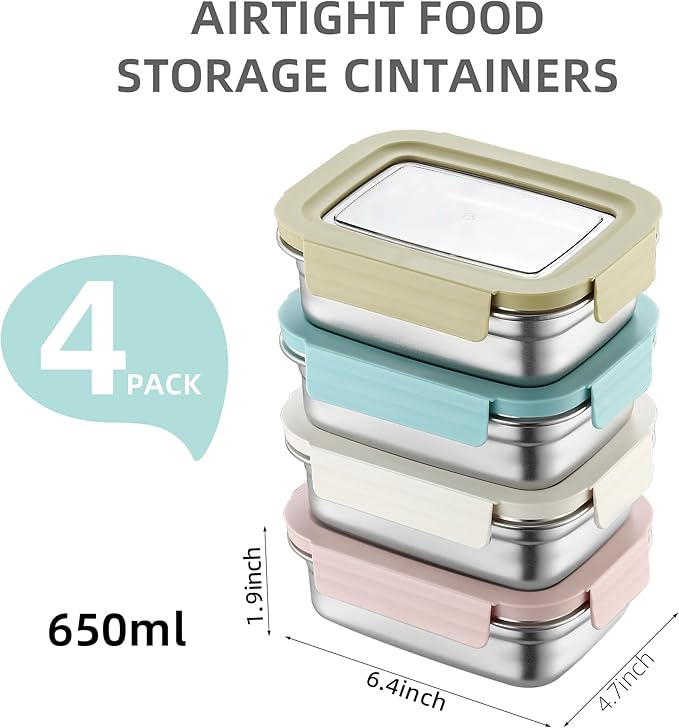 BEFOY 4PCS Stainless Steel Snack Container with Lids 22.8oz Meal Prep freezer Bento Lunch Snack Boxes for Leak Proof & Airtight,Reusable & Stackable (white, yellow, pink,green)