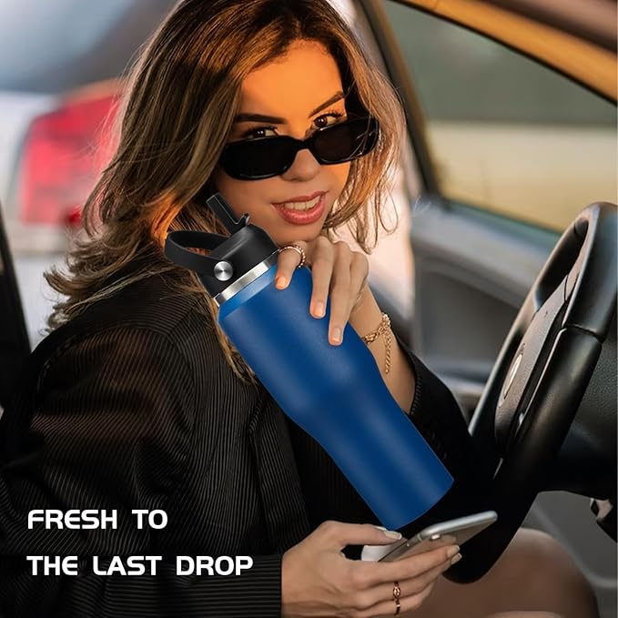 32 oz Water Bottles with Straw & Spout Lid - Keep Cold 48h & Hot 24h Vacuum Slim Metal Insulated Flask Fits in The Car, Bike, Treadmill, Stroller, Golf Cart Cup Holder, Travel Coffee Mug