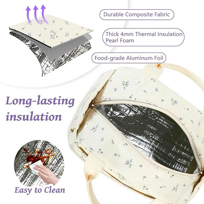 BTOOP Lunch Box for Women Men Cute Corduroy Lunch Bags Large Capacity Insulated Lunch Tote Bag For Work Travel Or Picnic (Purple-Flower)