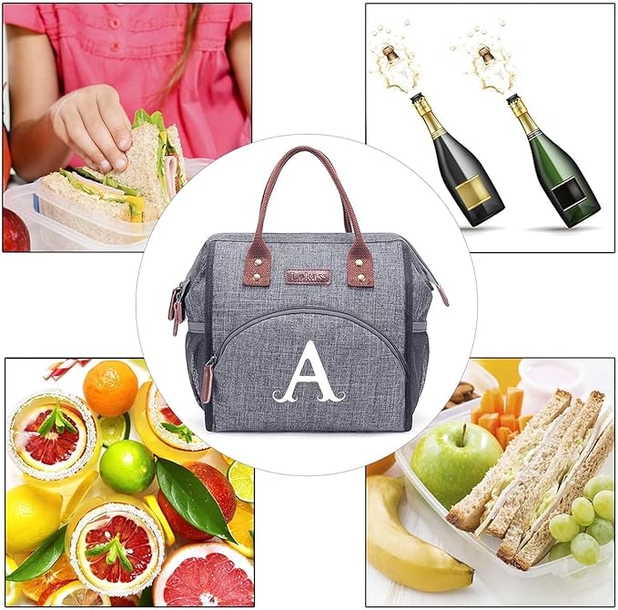 Personalized Lunch Box for Women, Initial Reusable Insulated Lunch Bag, Wide-Open Adult Lunchbox Cooler Lunchbag Snack Organizer, Initial Leakproof Lunch Tote Bag for Picnic Work Outdoors Grey - I