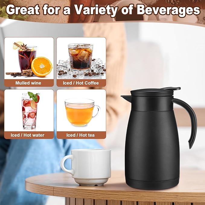Uiifan 2 Pcs Thermal Coffee Carafe Insulated Stainless Steel Coffee Carafes for Keeping Hot and Cold Double Walled Vacuum Thermal Pot Flask with Brush for Water Milk Tea Home and Office(Black,25oz)