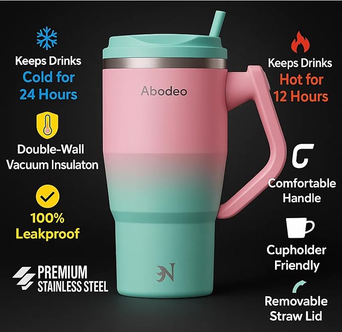 Travel Coffee Tumbler 40 oz - Iced Coffee Mug with Straw and Leakproof Lid, Insulated Stainless Steel Tumbler with Rotatable Handle - Fits Most Car Cup Holders (Green & Pink)