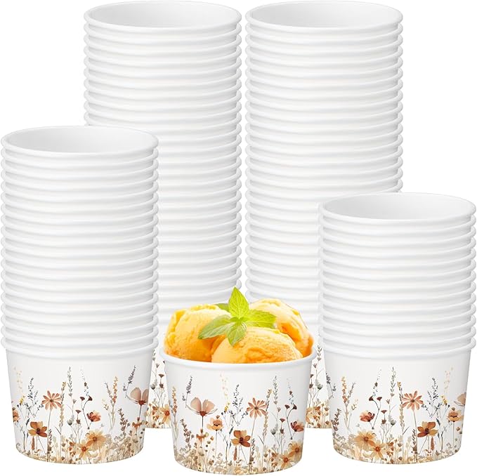 50 Pack Fall Wild Flowers Treat Snack Cups Fall Floral Paper Ice Cream Cups 9 oz Watercolor Disposable Dessert Bowls for Hot or Cold Food Autumn Wedding Baby Shower Birthday Party Supplies