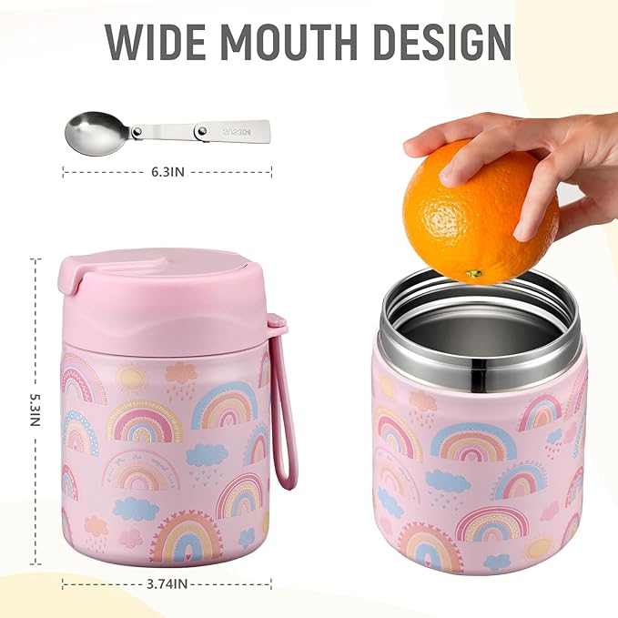 17oz Soup Thermo for Hot Food Kids Insulated Vacuum Food Jar with Stainless Steel Spoon Wide Mouth Thermo Leakproof Lunch Food Container Kids Hot Lunch Box (Pink-Rainbow)