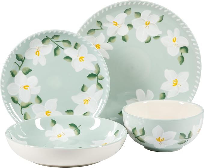 Bloomhouse Magnolia Bloom 16 Piece Double Bowl Hand Painted Stoneware Plates and Bowls Floral Dinnerware Set