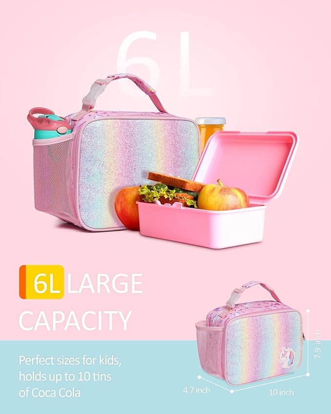 Bagseri Lunch Bag for Girls - Kids Lunch Box for Girls Reusable Leak-Proof and Insulated Kids Lunch Bag With Water Bottle Holder Toddler Lunch Box for Daycare and School, Glitter Pink Unicorn