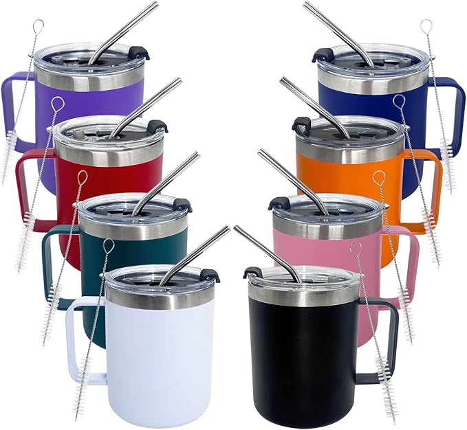 8pack 12oz Coffee Mug With Handle Bulk, Stainless Steel Insulated Travel Tumblers With,Double Wall Vacuum Camping Cup for Hot & Cold Drinks Tea (Combining Colors)