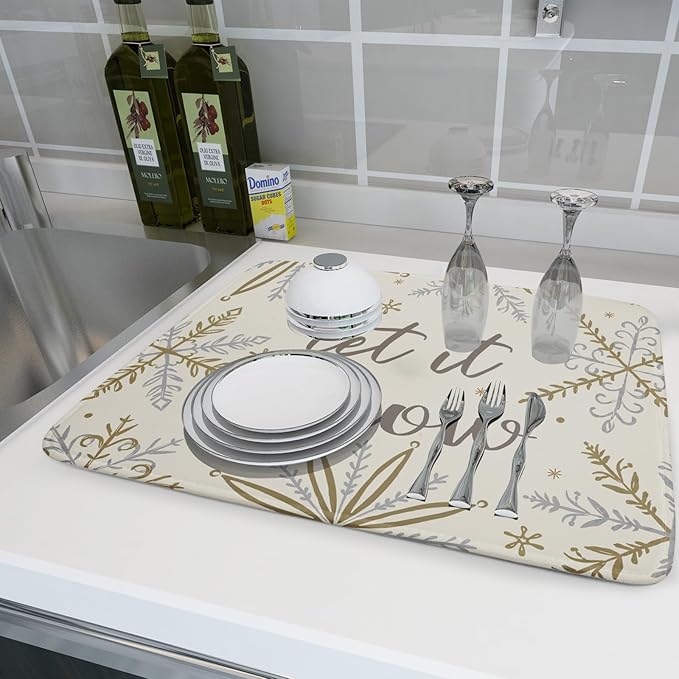 Christmas Snowflake Dish Drying Mats for Kitchen Counter 18×24 Inch Winter Snowflake Let It Snow Large Microfiber Drying Mat Kitchen Accessories Dish Rack Mat Drainer Pad Washable Absorbent