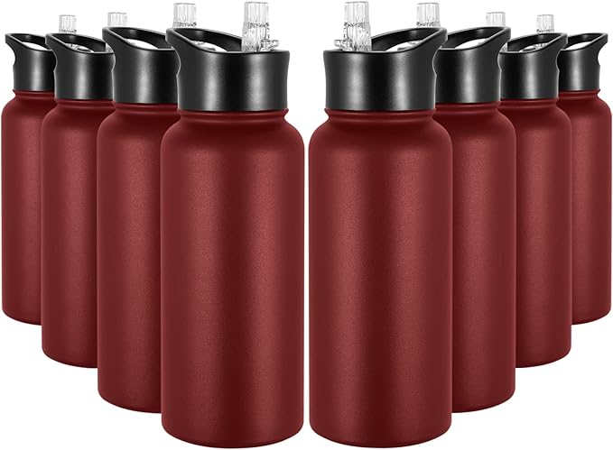 32 oz Insulated Water Bottle Bulk 8 Pack, Stainless Steel Sports Water Bottles with Straw Lid & Wide Mouth Lids, Double Walled Vacuum, Leak Proof, Red