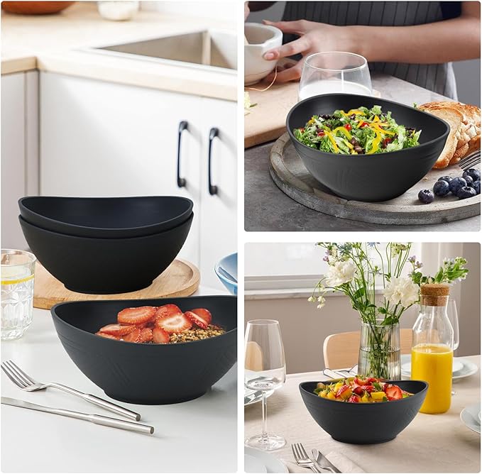 Wrova 65oz Large Salad Bowls Black - Wheat Straw Salad bowls Set of 4 - Unbreakable Salad Bowls Dishware & Microwave Safe - BPA Free Bowls for kitchen,camping