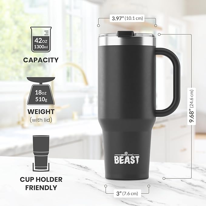 Beast 42 oz Tumbler Stainless Steel Vacuum Insulated Coffee Ice Cup Double Wall Travel Flask (Matt Black)