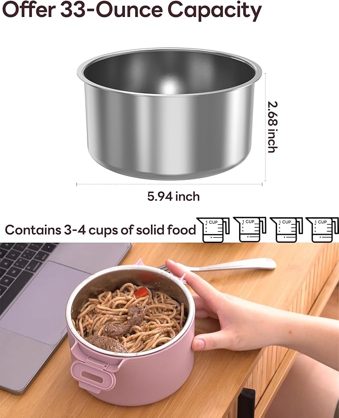 Stainless Steel Food Container,Round Food Storage Container Portable for Lunch, Meal Prep, Soup and Leftover 100W-Heated Lunch BoxLeakproof,Dishwasher Safe