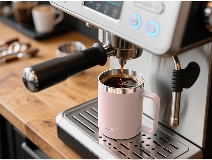 TILUCK 12 oz Insulated Coffee Mug with Lid, Leak-Proof Stainless Steel Travel Mug Cup with Handle for Hot or Cold Drinks(LightPink, 12oz)