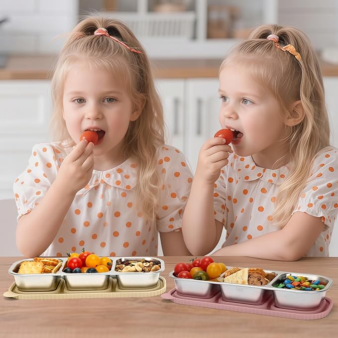 ﻿ 3 Compartment Stainless Steel Snack Containers with Silicone Lids, Reusable Food Storage Containers ，snackle box container for School ，Travel, Outdoor, Camping.