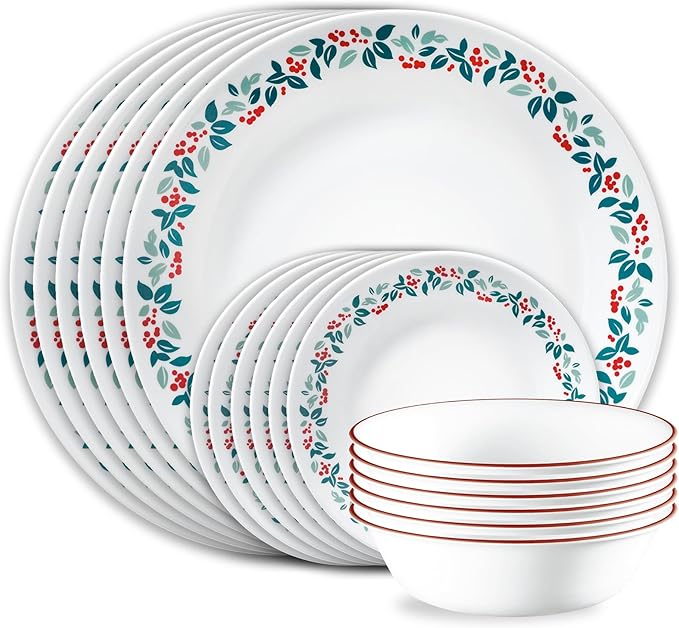 Corelle Vitrelle 18-Piece Christmas Service for 6 Dinnerware Set, Triple Layer Glass and Chip Resistant, Lightweight Round Holiday Plates and Bowls Set, Winter Berries