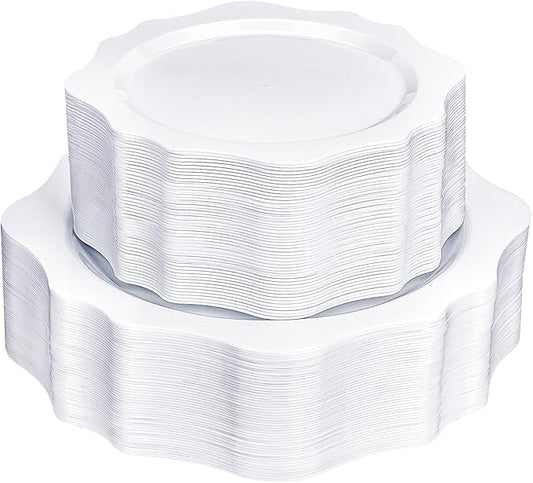 100 PCS White Disposable Plates for 50 Guests, Scalloped Plastic Plates Include 50 Dinner Plates and 50 Dessert Plates for Party, Wedding