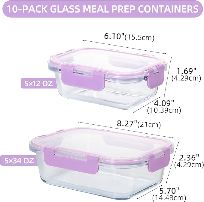 10 Pack Glass Food Storage Containers with Airtight Lids, Ideal for Meal Prep, Lunches - Microwave and Dishwasher Safe, Light Purple