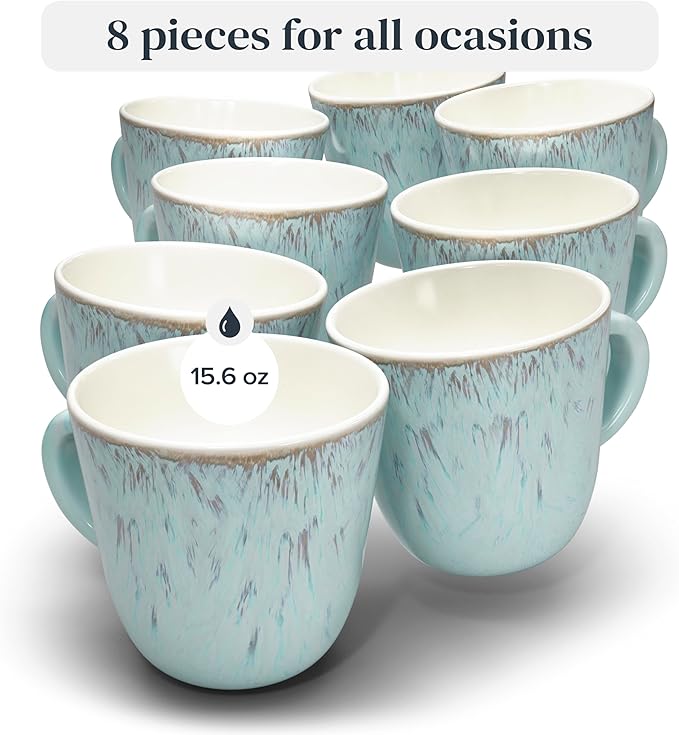 Stoneware Coffee Mugs Set of 8 – 14.5 oz Beige-Blue Ceramic Cups – Dishwasher & Microwave Safe Drinkware – Modern Stylish Design