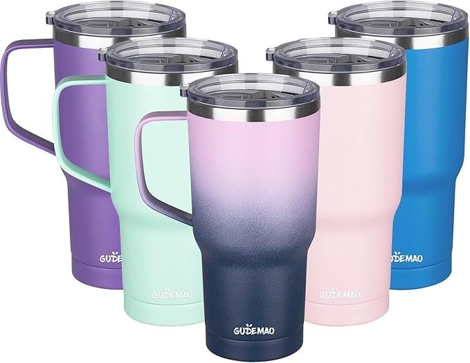 20 oz Insulated Coffee Mug with Ceramic Coating, Stainless Steel Travel Mug Tumbler with Handle Lid and Straw, Double Wall Leak-Proof Coffee Travel Mug Keeps Drink Hot and Cold (Purple blue)