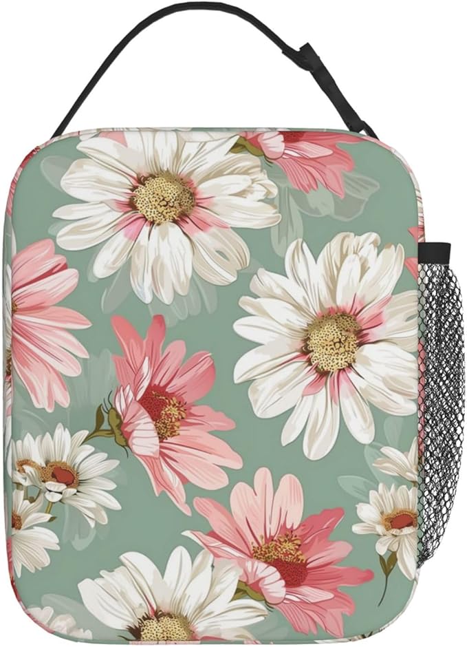 Reusable Daisy Lunch Box for Kids Girls Boys Women Adult, Insulated Pink and White Floral Lunch Bag,Polyester Cooler Flower Handbags Case for School Picnic Work Travel Beach or Hiking (Green)