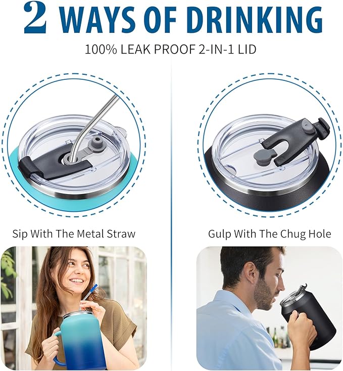50 oz Mug Tumbler with Handle and Straw - 2-in-1 Lid, Insulated Metal Iced Coffee Thermal Cup, Stainless Steel Water Mugs, Double Wall Vacuum Water Cups Keep Cold-36H Hot-24H, 50oz Large Flask Jug