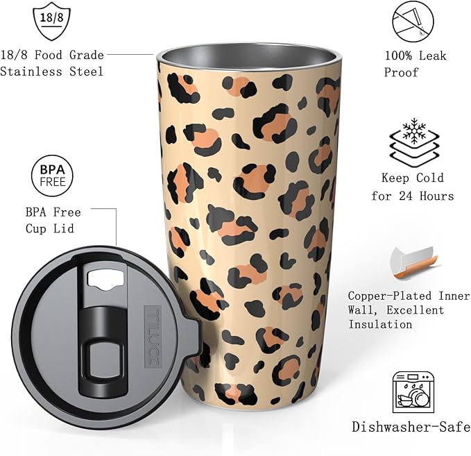 TILUCK 20 oz Tumbler with Leak-Proof Lid, Vacuum Insulated Stainless Steel Coffee Mug, Double-Walled Travel Tumbler for Hot and Cold Drinks(Leopard, 20oz)