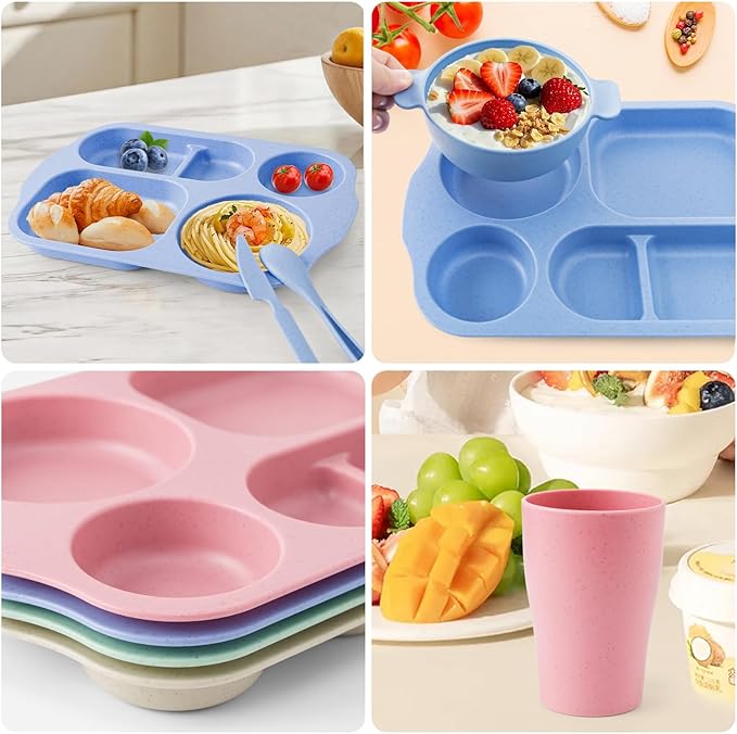 24 Pcs Wheat Straw Dinnerware Cutlery Set, Unbreakable Tableware Set, Bowls, Cup, Cutlery Spoons Knifes Forks, BPA Free, Microwave Dishwasher Safe (Colorful)