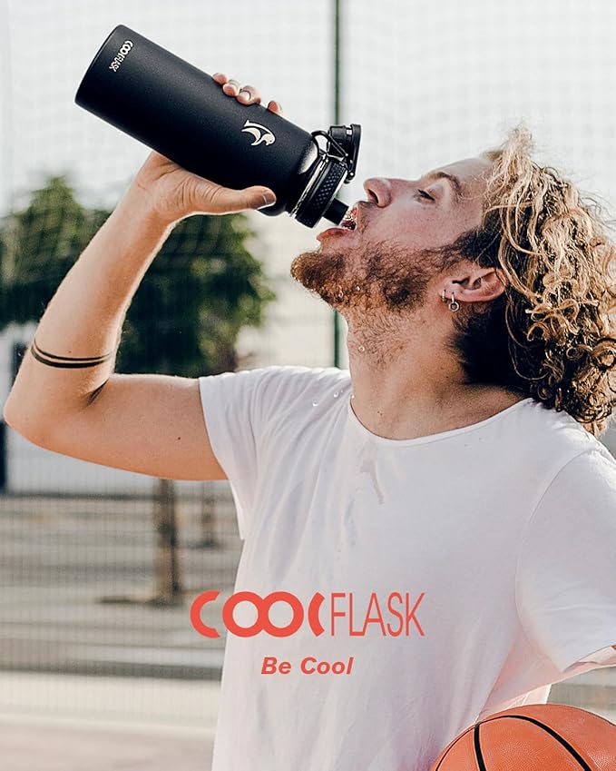Water Bottle 40 oz Insulated with Straw&Brush, Coolflask Vaccum Stainless Steel Metal 3 Lids Water Flask for Sports, Gym or Office, Keep Cold 48H Hot 24H, Magic Black