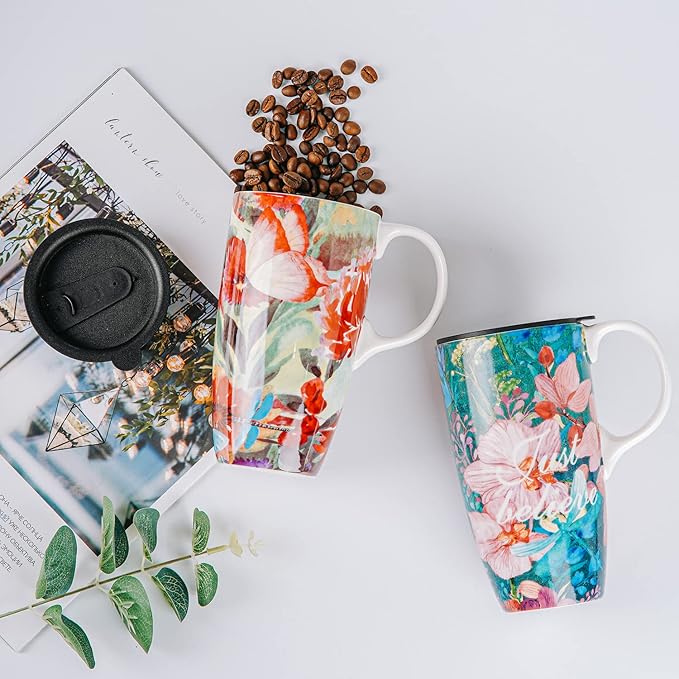Topadorn Ceramic Coffee Mug Travel Mug with Lid Tea Cup,Set of 2,17oz.Dragonfly
