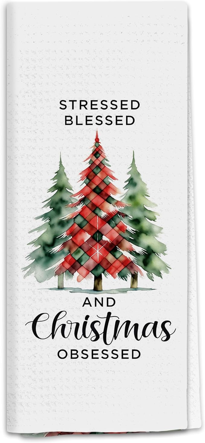 Red and Green Christmas Tree Kitchen Towels, Seasonal Xmas Winter Dish Tea Towels for Kitchen, Rustic Xmas Tree Decorative Hand Towel for Bathroom, 16x24 Inch