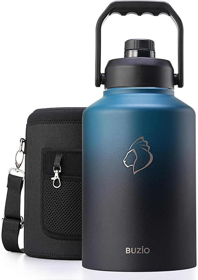 BUZIO 1 Gallon Water Bottle Insulated, (Cold for 48 Hrs) 128oz Large Stainless Steel Water Jug, 3.58in Big Wide Mouth Leak Proof Metal Flask with Carrying Sleeve for Camping,Gym, Hiking, Indigo Crush